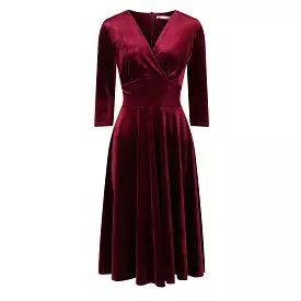 Claret Red Velour Deep V Wrapover 3/4 Sleeve Swing Dress