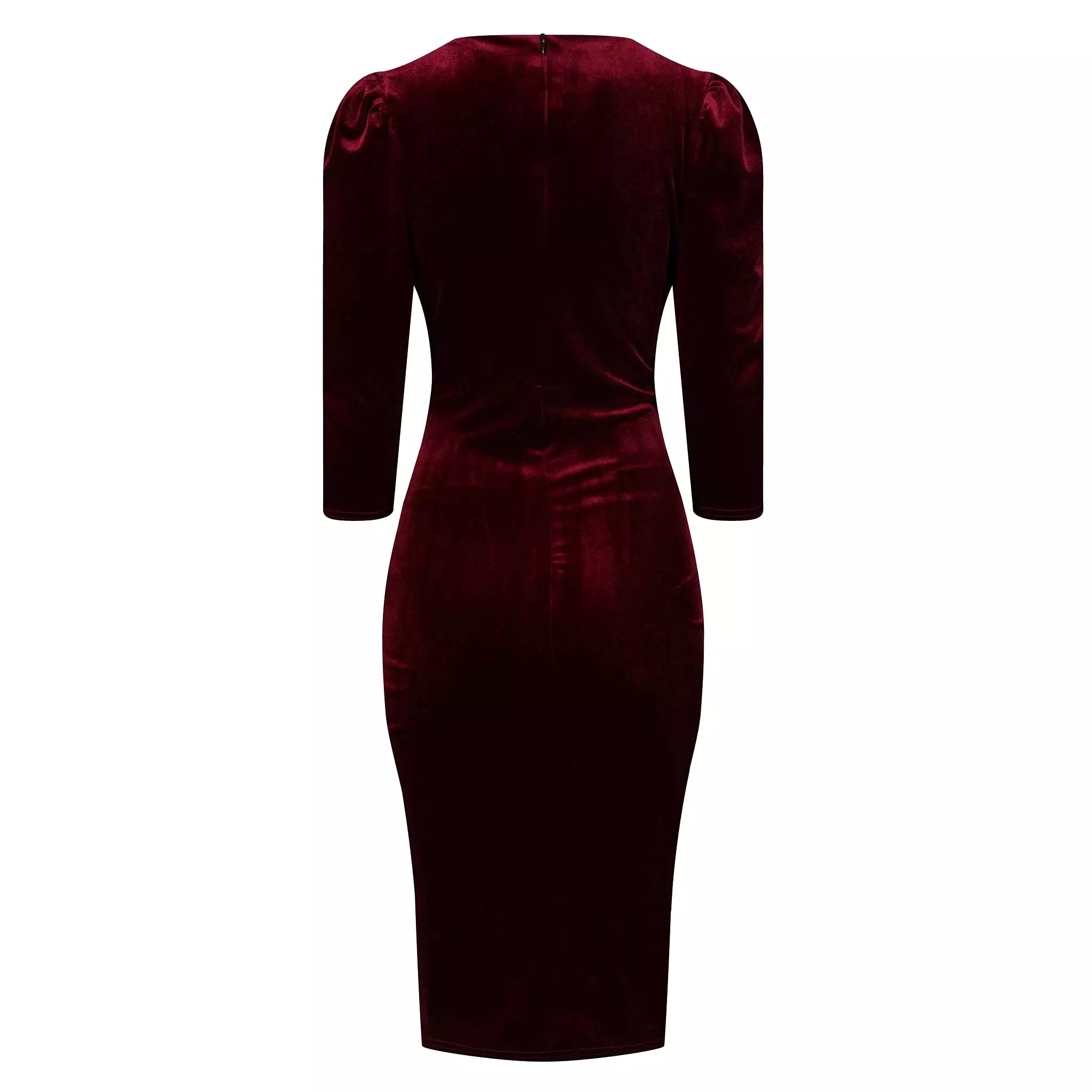 Claret Red Velour Wrapover 3/4 Sleeve Midi Dress