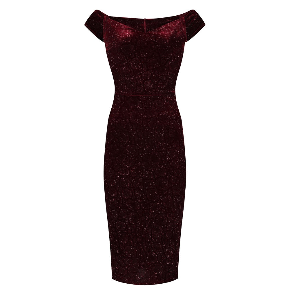 Claret Red Vintage Animal Print Velvet Capped Sleeve Wiggle Dress