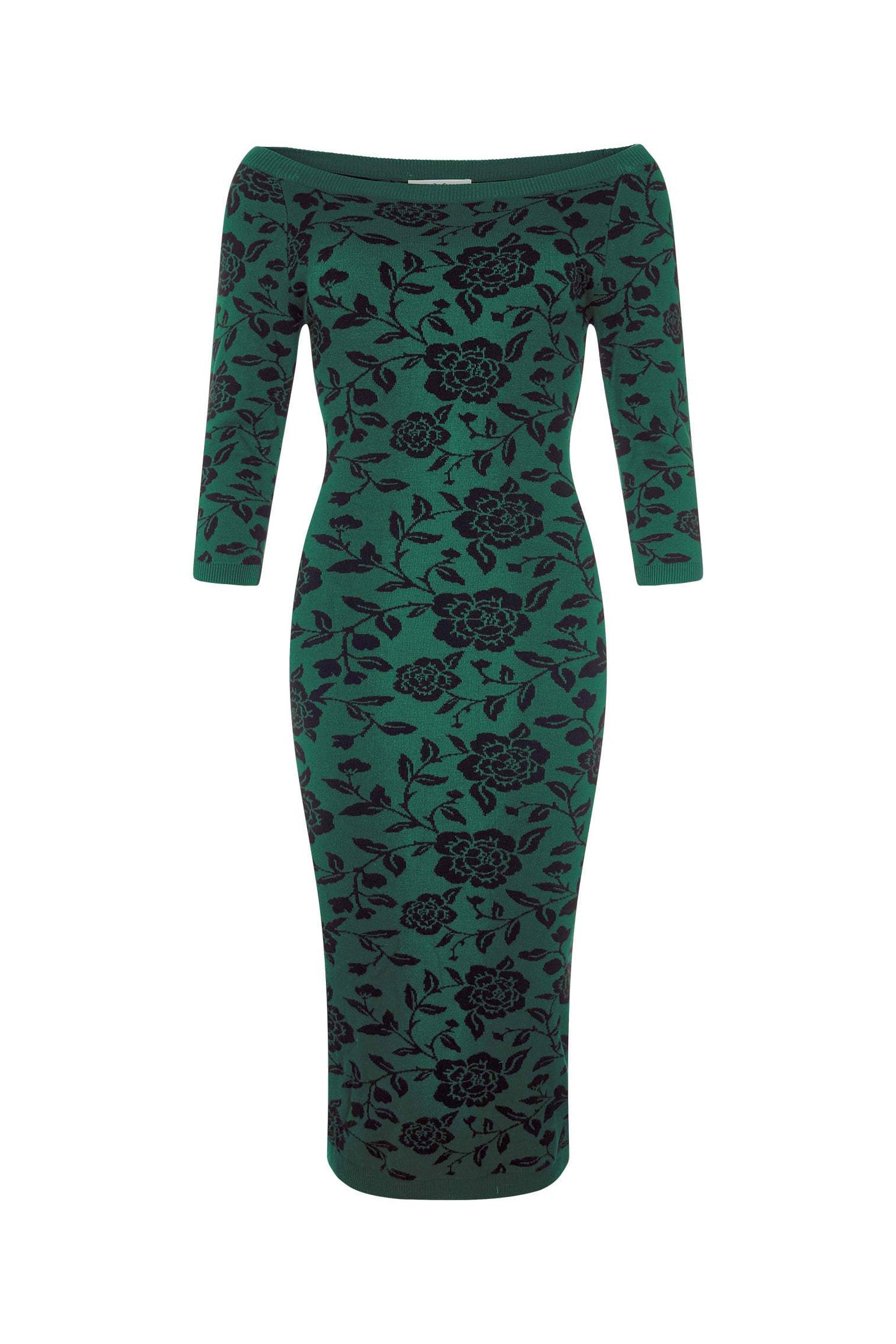 Collectif Green 3/4 Sleeve Brocade Knitted Pencil Wiggle Dress