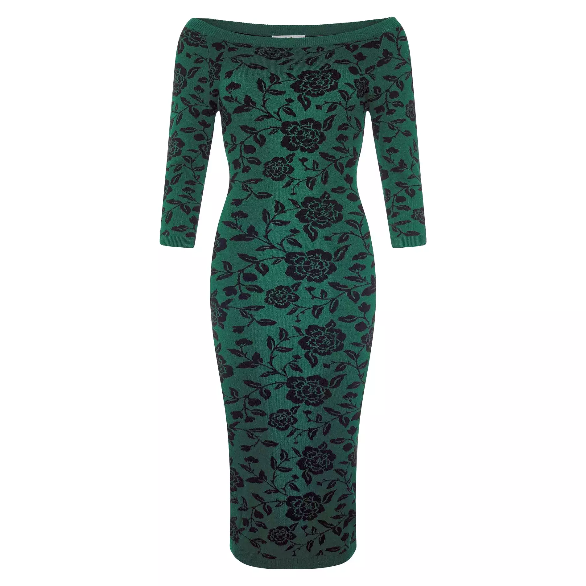 Collectif Green 3/4 Sleeve Brocade Knitted Pencil Wiggle Dress