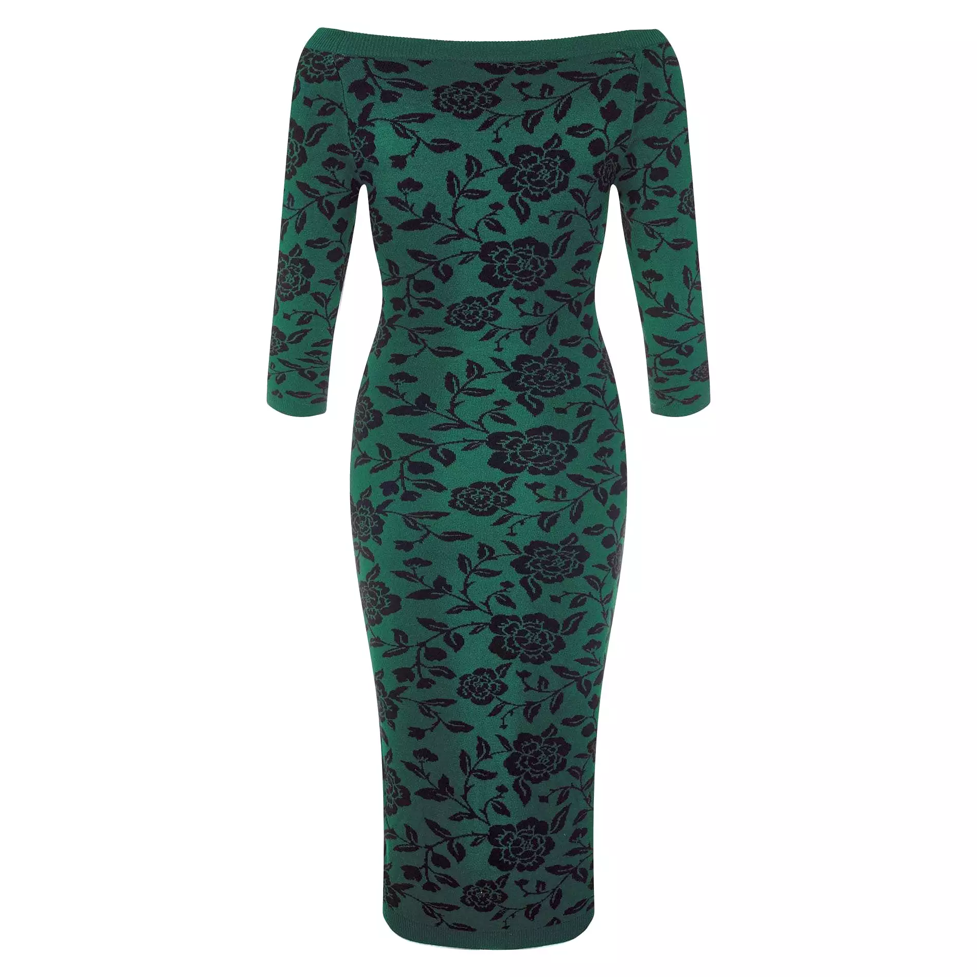 Collectif Green 3/4 Sleeve Brocade Knitted Pencil Wiggle Dress