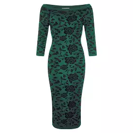 Collectif Green 3/4 Sleeve Brocade Knitted Pencil Wiggle Dress