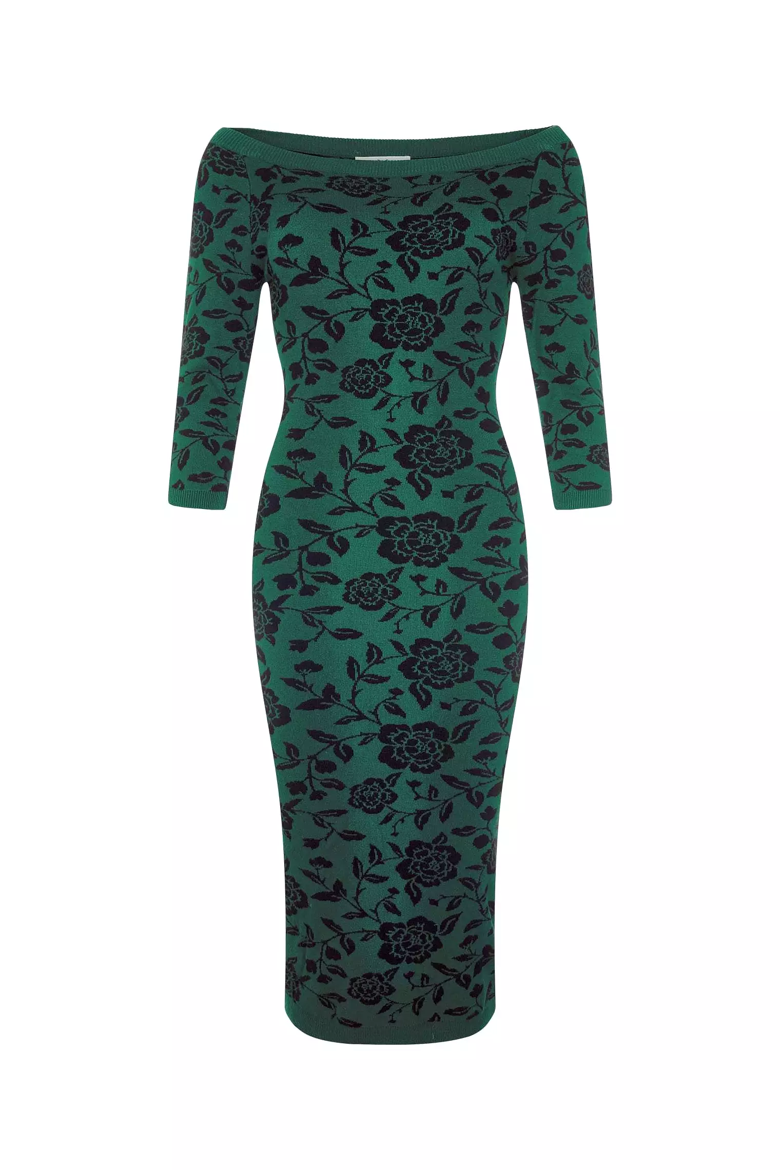 Collectif Green 3/4 Sleeve Brocade Knitted Pencil Wiggle Dress