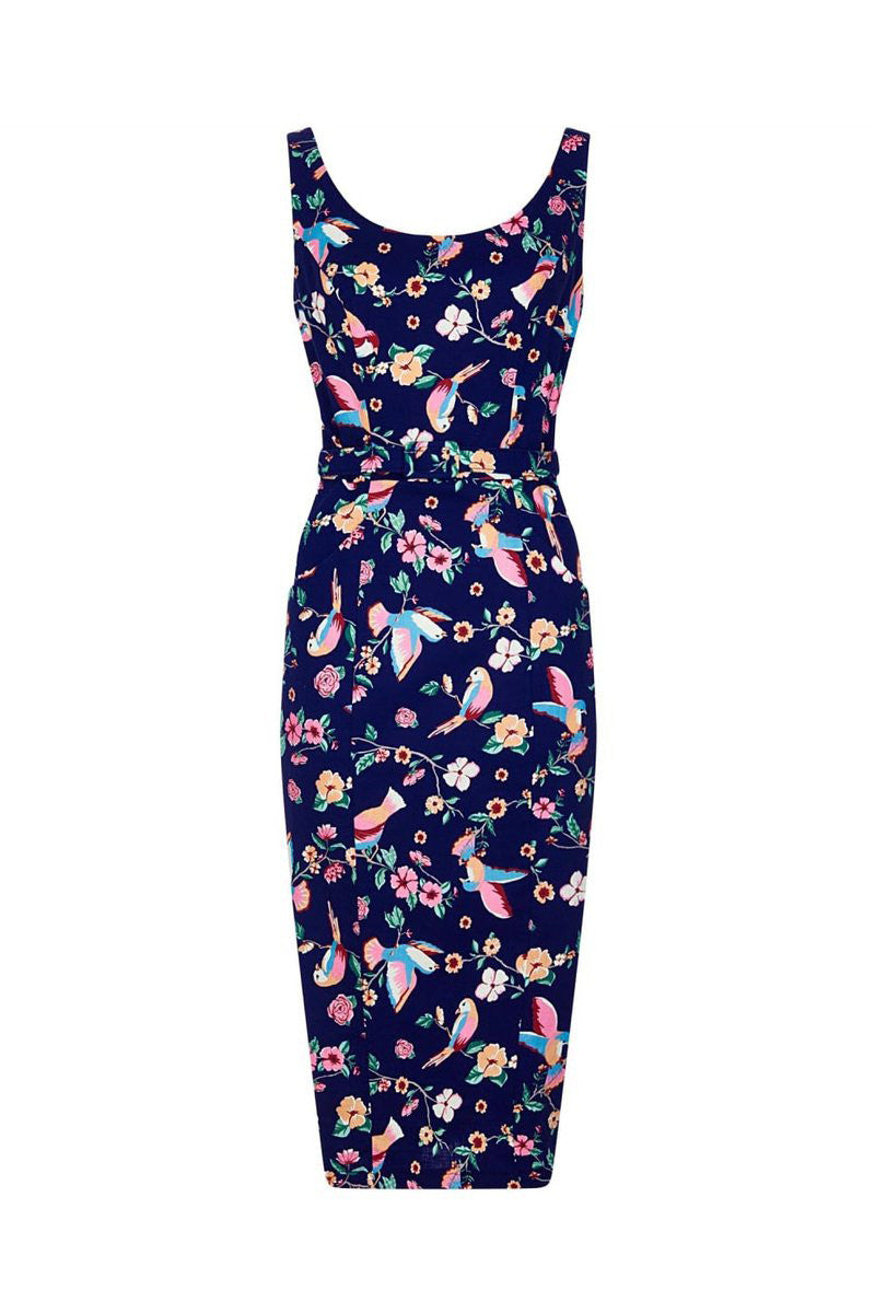 Collectif Navy Blue Bird Print Pencil Dress