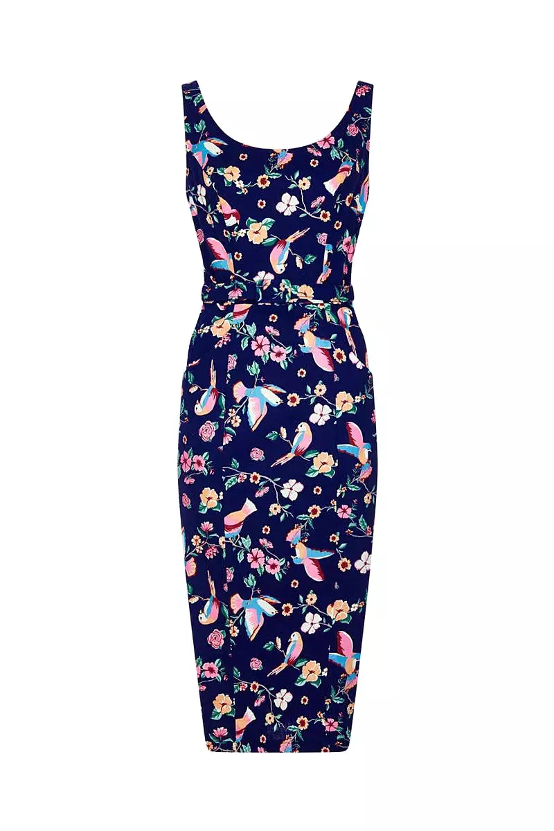 Collectif Navy Blue Bird Print Pencil Dress