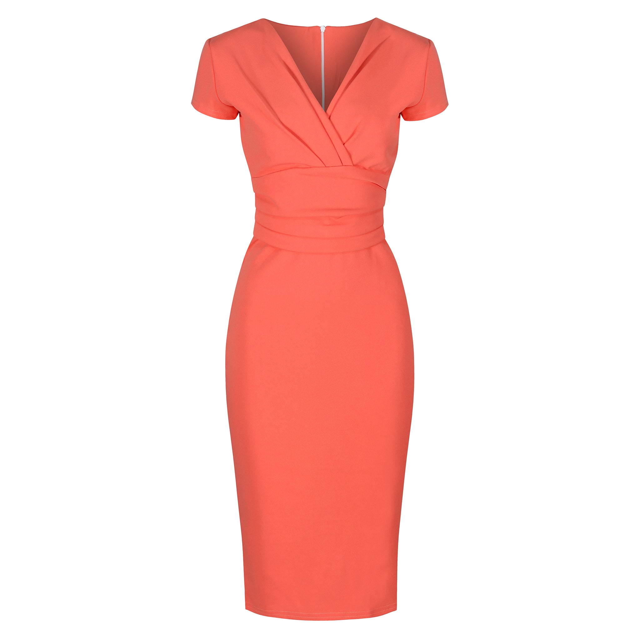 Coral Deep V Cap Sleeve Bodycon Ruched Waist Wiggle Dress