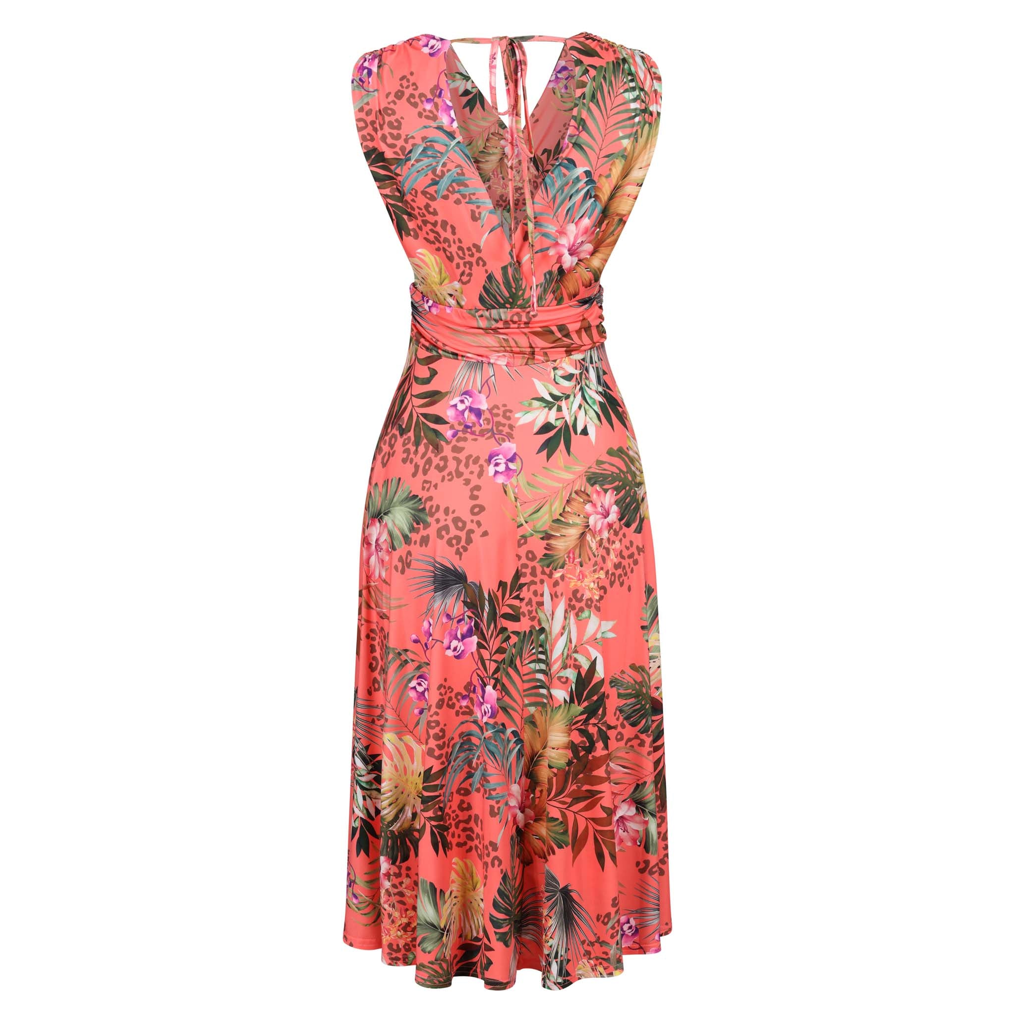 Coral Pink Tropical Floral V Neck Crossover Top Empire Waist Swing Dress