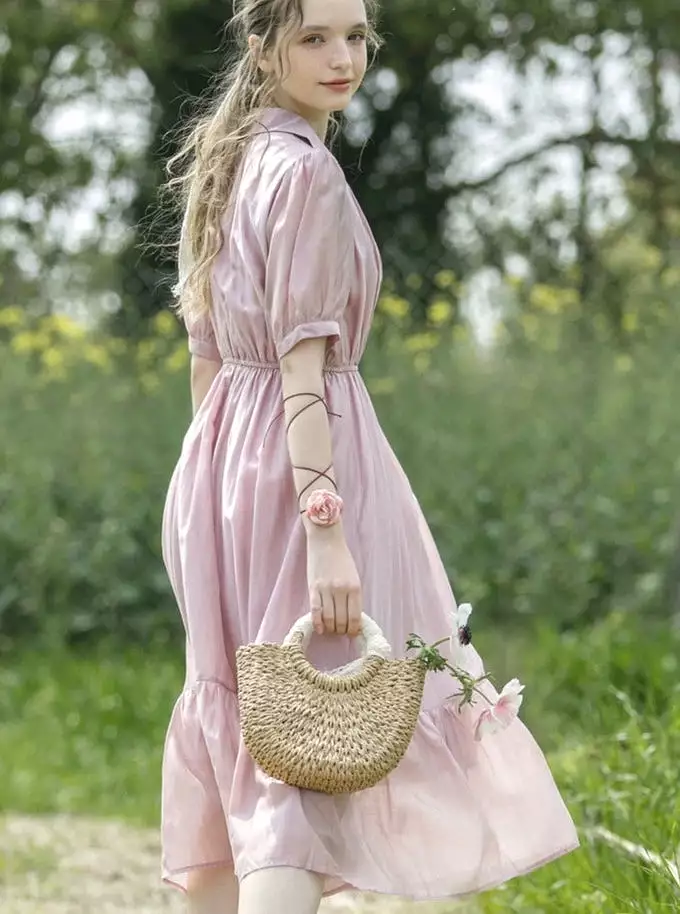 Country Living V-neck shirt Tencel dress women's mid-length summer new pink Dresses