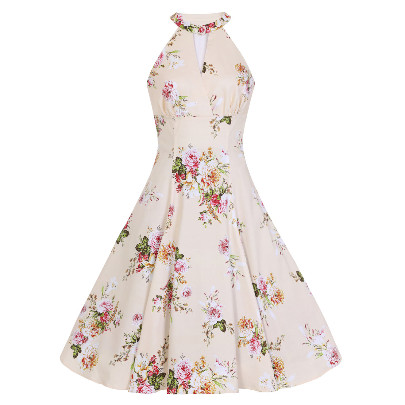 Cream And Floral Print Halter Neck 50s Swing Dress