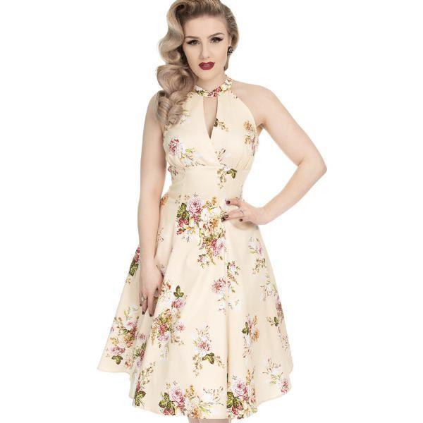 Cream And Floral Print Halter Neck 50s Swing Dress