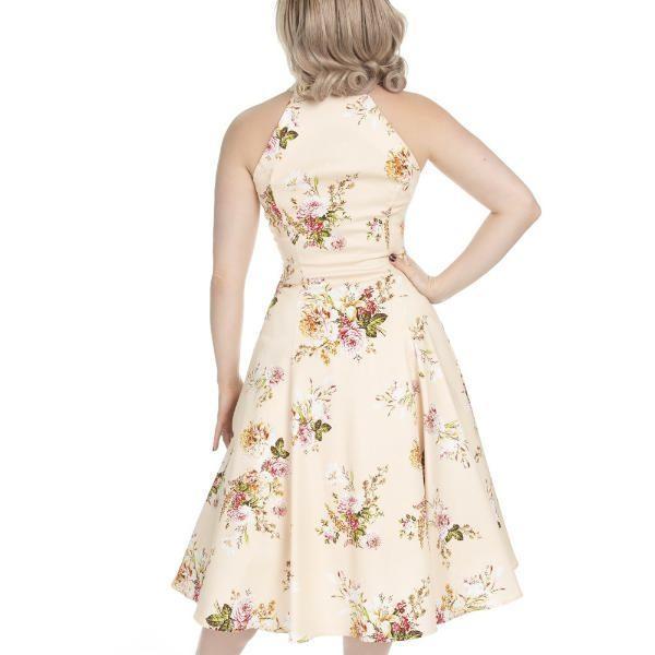 Cream And Floral Print Halter Neck 50s Swing Dress