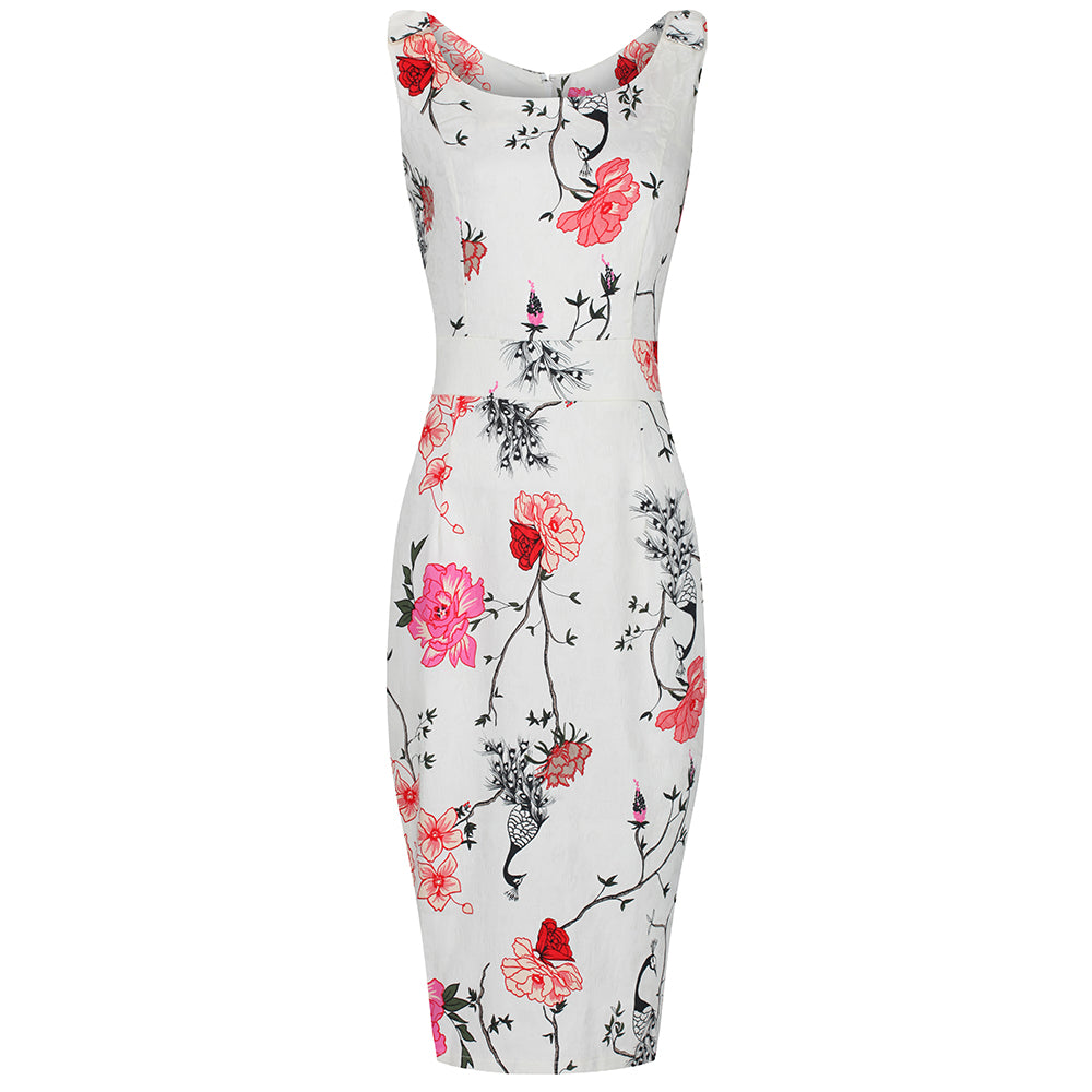 Cream Floral And Bird Print Vintage Style Pencil Dress