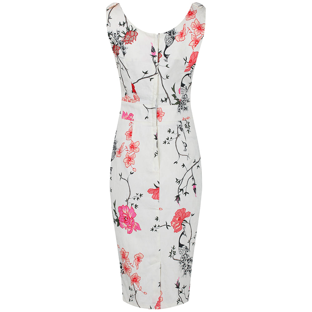 Cream Floral And Bird Print Vintage Style Pencil Dress