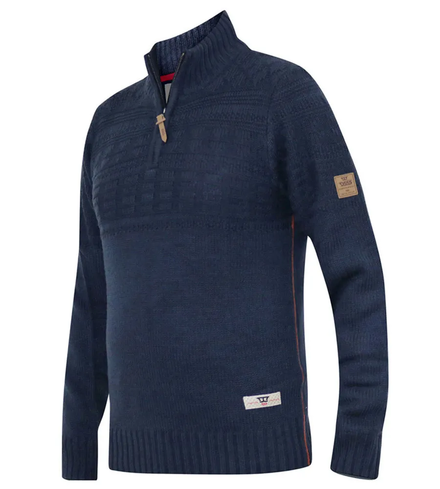 D555 Big Mens Navy Jacquard Knitted Jumper With 1/4 Zip (YATES)