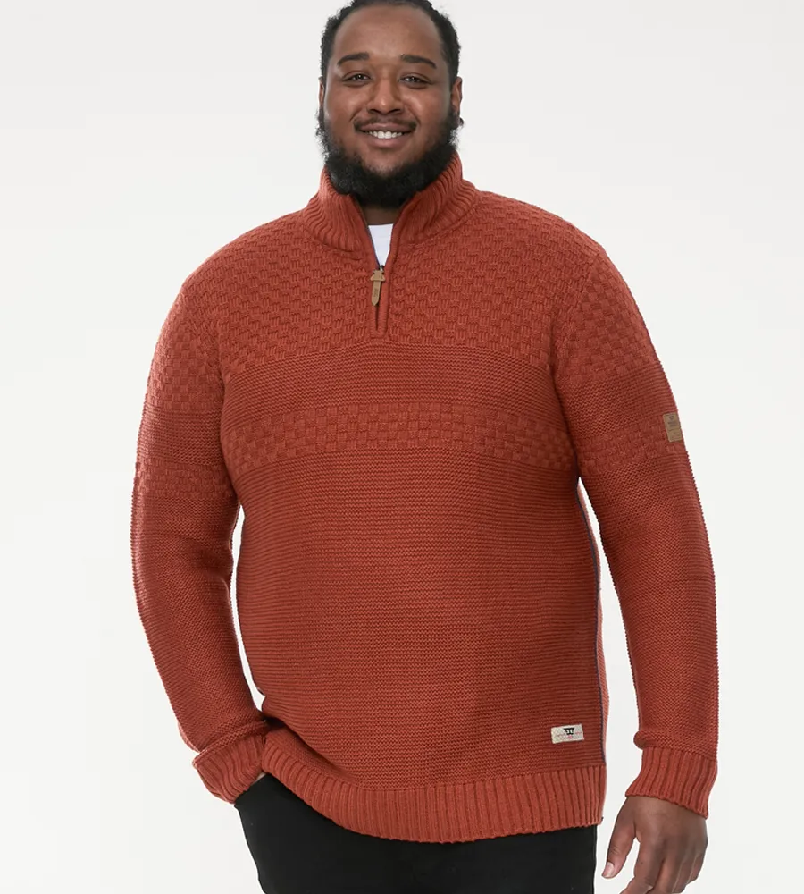 D555 Big Mens Rust Jacquard Knitted Jumper With 1/4 Zip (KELTON)