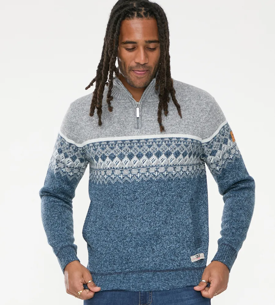 D555 Mens Fairisle Knitted Jumper With 1/4 Zip and Lining (RUDDINGTON)