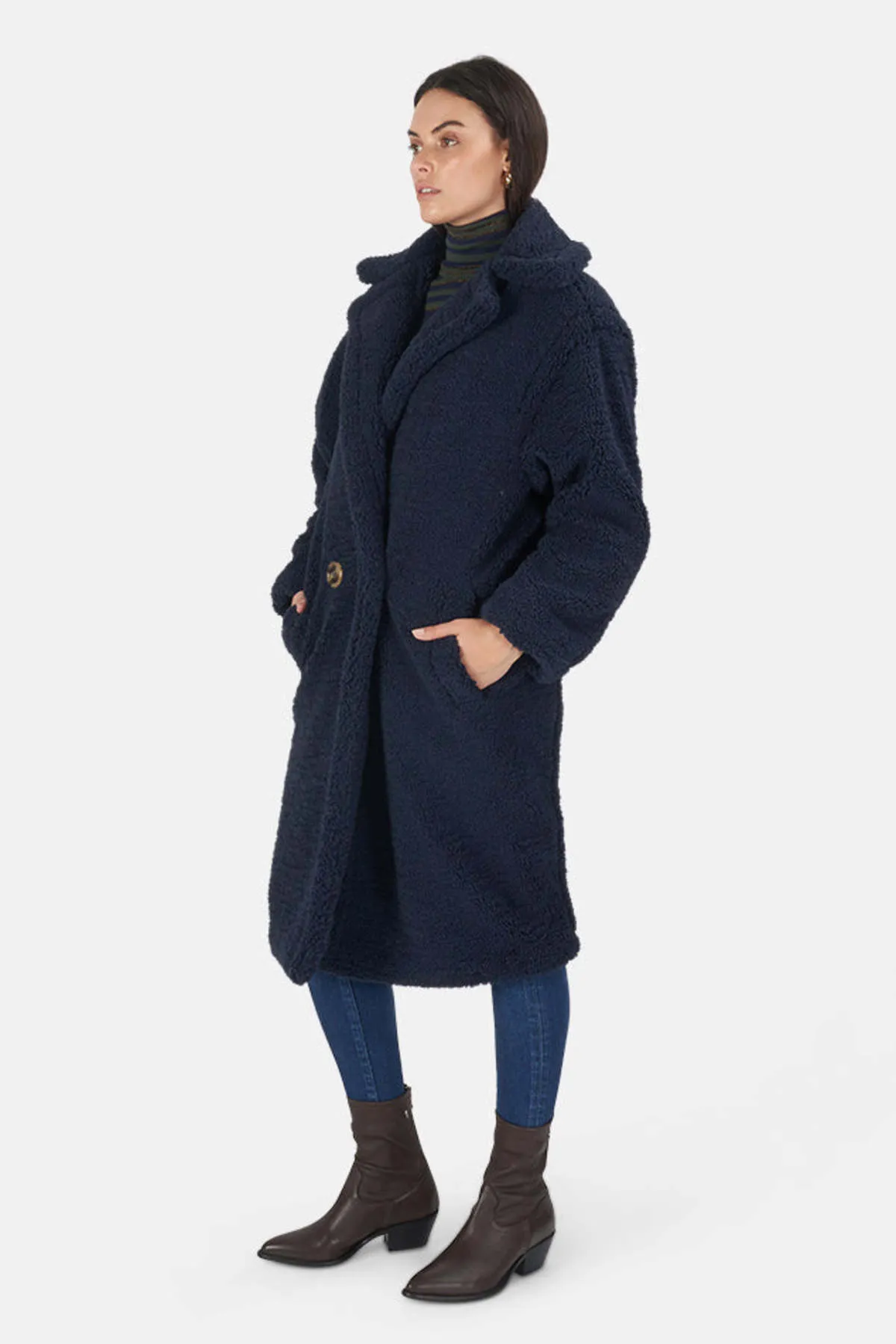 Daryna Faux Shearling Coat - Navy Blue