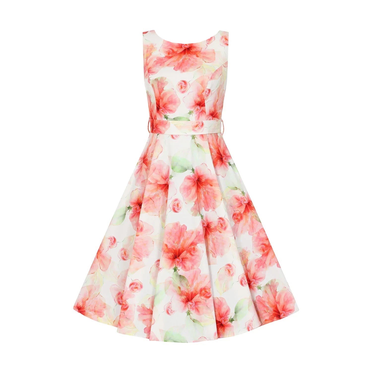 Delicate White Red Sleeveless Floral Print Swing Tea Dress