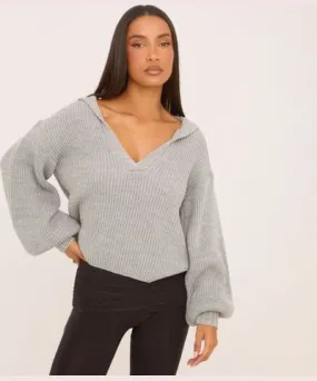 EGO Long Balloon Sleeve V Neck Collared Jumper In Grey Knit