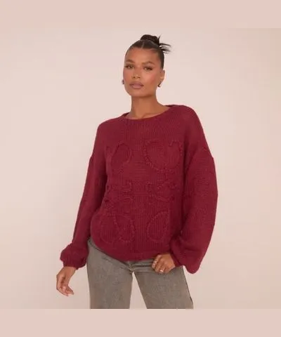 EGO Long Sleeve Swirl Detail Jumper In Burgundy Knit