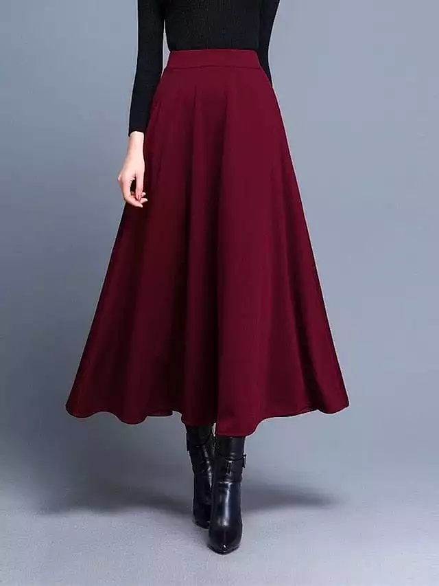 Elegant A Line Swing Midi Skirt with Pockets in Wine Black Red for Women's Fashion