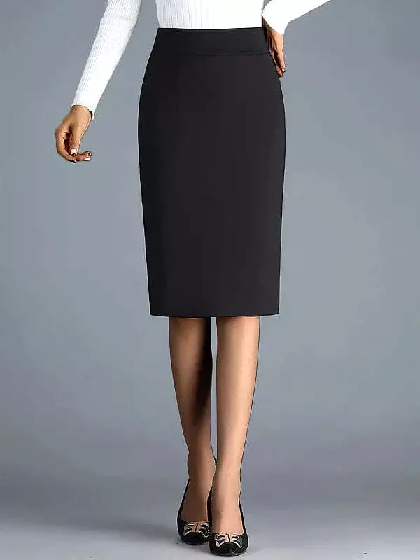 Elegant Black Midi Bodycon Work Skirt with Split Ends