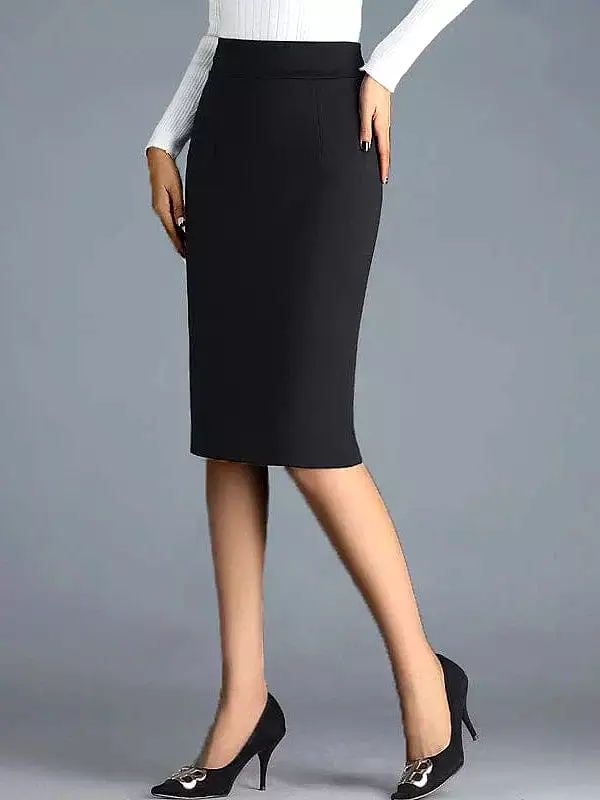 Elegant Black Midi Bodycon Work Skirt with Split Ends