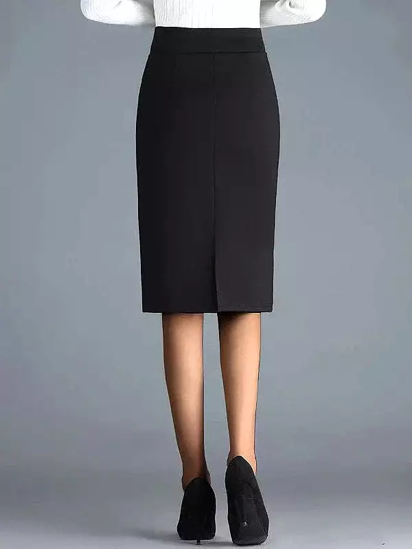 Elegant Black Midi Bodycon Work Skirt with Split Ends