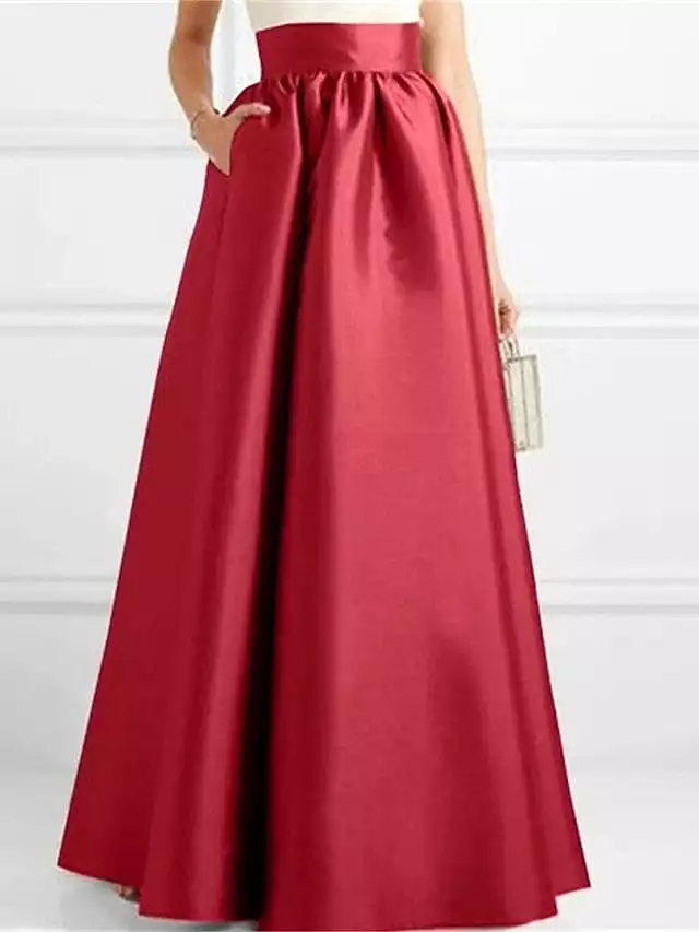 Elegant Satin A-Line Maxi Skirt with Pockets in Green, Black, and Red for Fall & Winter Parties (M L XL)