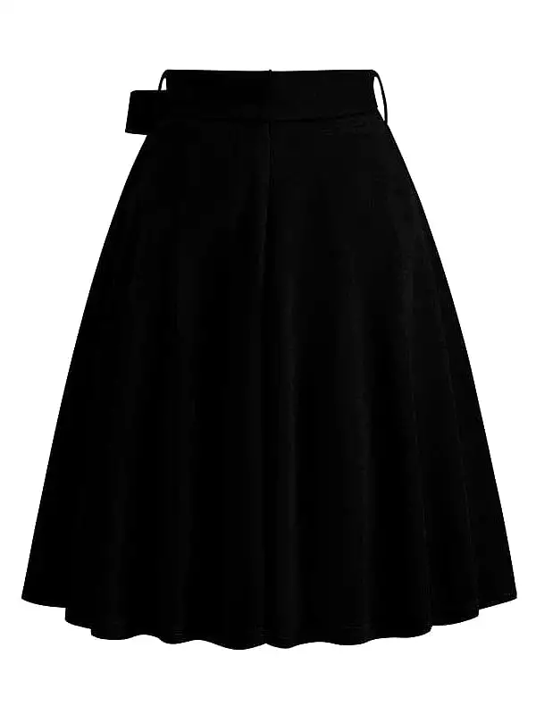 Elegant Vintage High Waist Swing Midi Skirt with Pockets and Belt