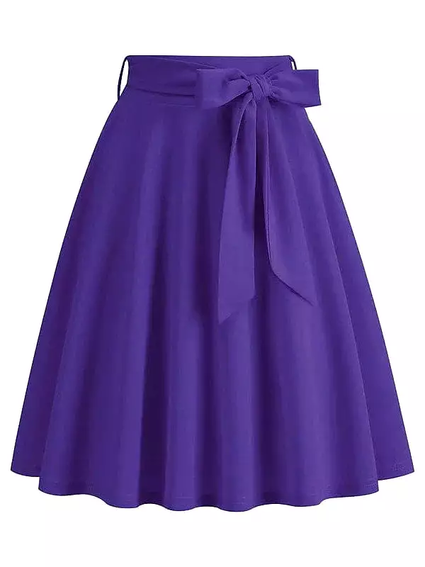 Elegant Vintage High Waist Swing Midi Skirt with Pockets and Belt