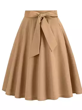 Elegant Vintage High Waist Swing Midi Skirt with Pockets and Belt