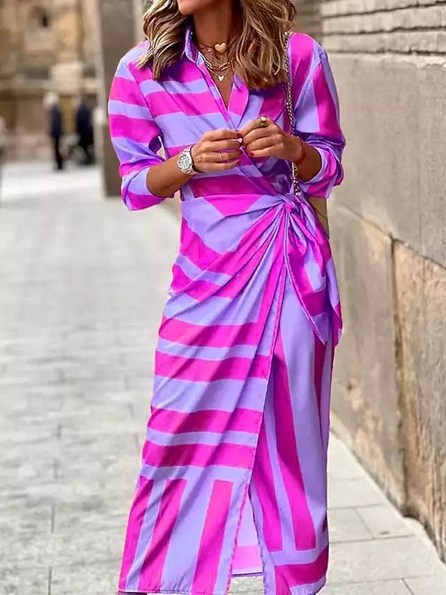 Elegant Women's Bodycon Maxi Shirt Dress with Boho Collar and Split Sleeves in Purple, Orange, and Green