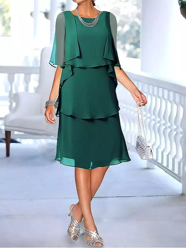 Elegant Women's Chiffon Midi Dress with Half Sleeves and Ruffle Details