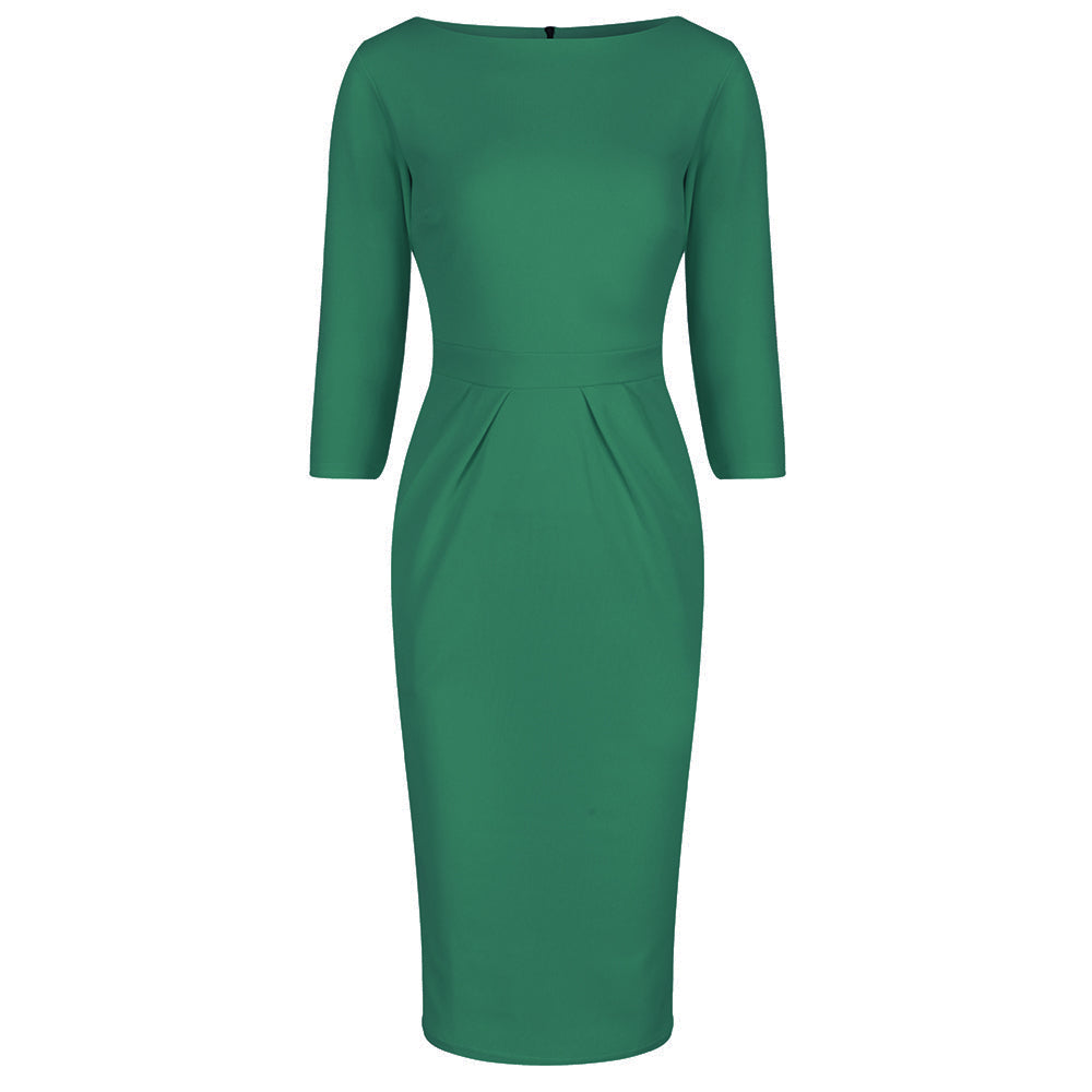 Emerald Green 3/4 Sleeve Pleated Bodycon Pencil Dress