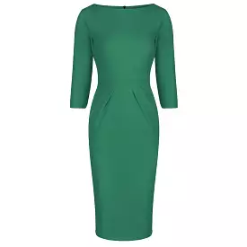 Emerald Green 3/4 Sleeve Pleated Bodycon Pencil Dress