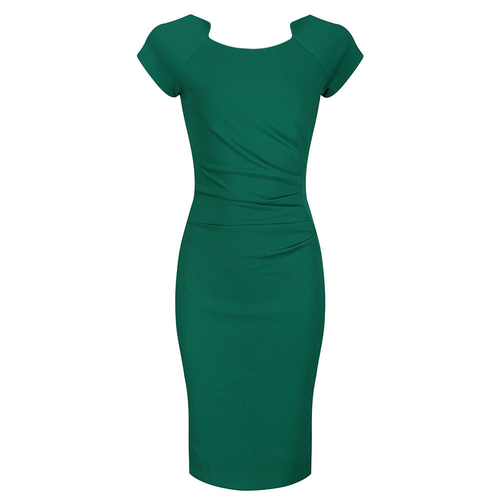 Emerald Green Capped Sleeve Ruched Bodycon Pencil Dress