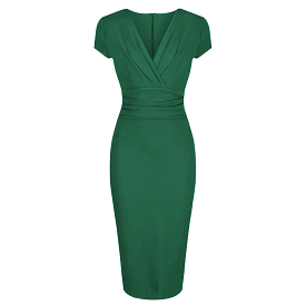 Emerald Green Deep V Neck Cap Sleeve Ruched Waist Bodycon Wiggle Dress