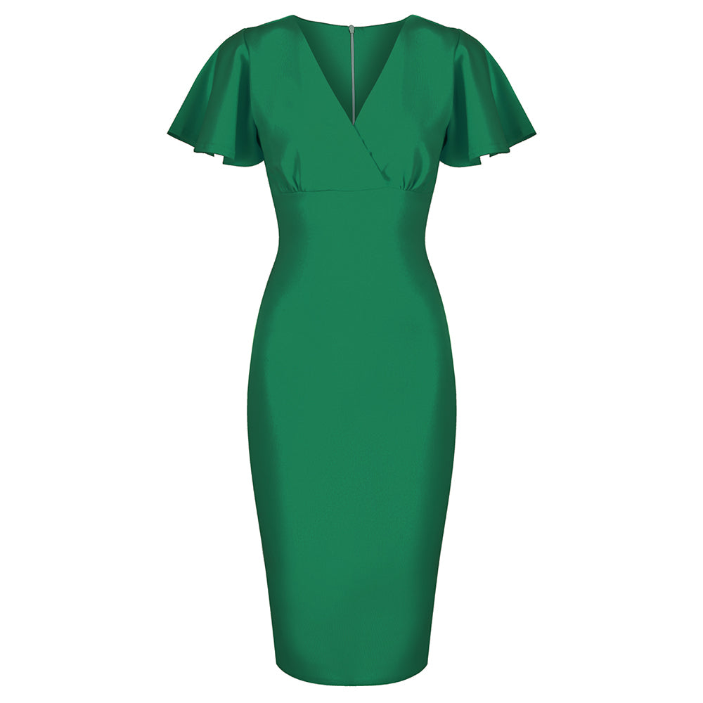 Emerald Green Half Sleeve Deep V Neck Crossover Top Wiggle Dress