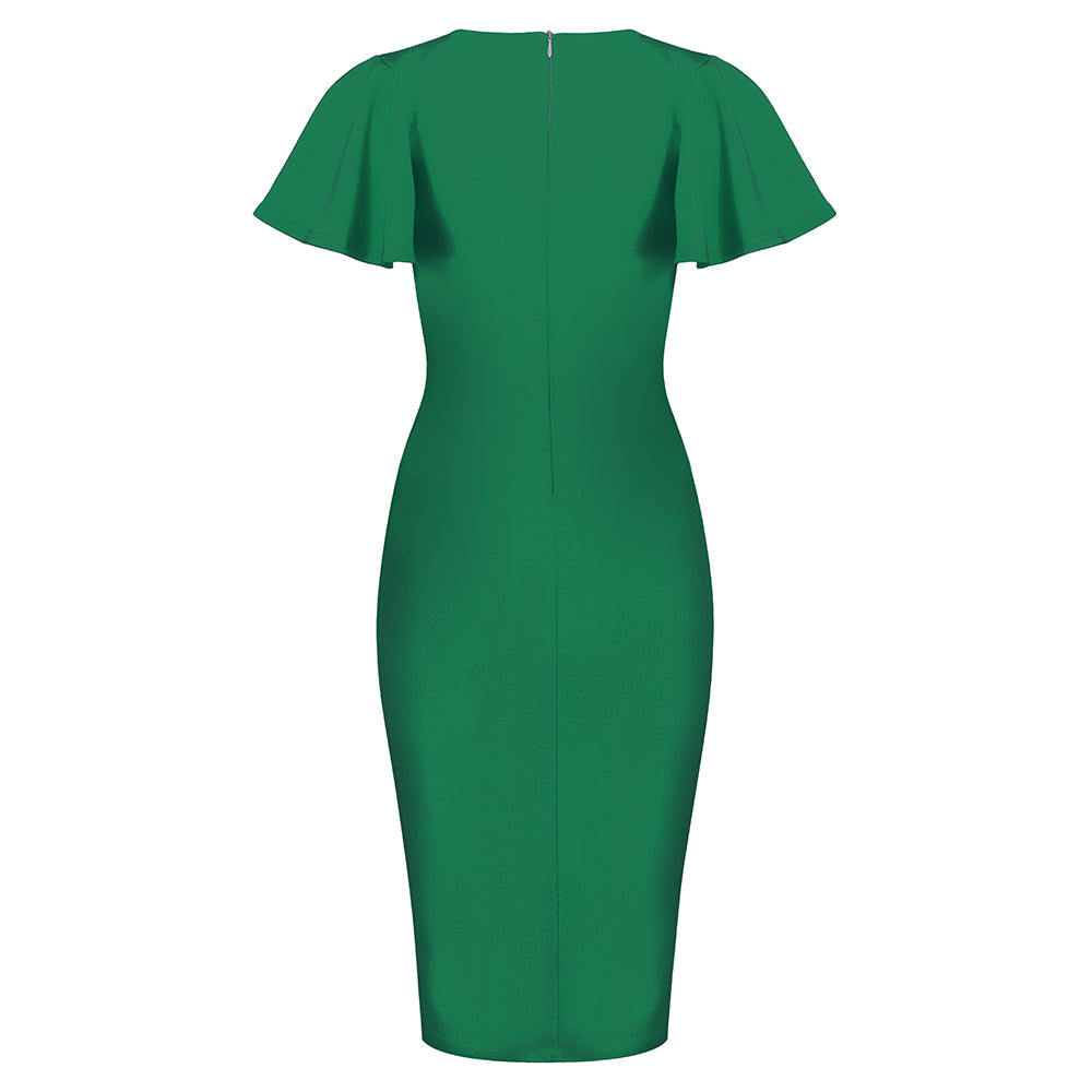 Emerald Green Half Sleeve Deep V Neck Crossover Top Wiggle Dress