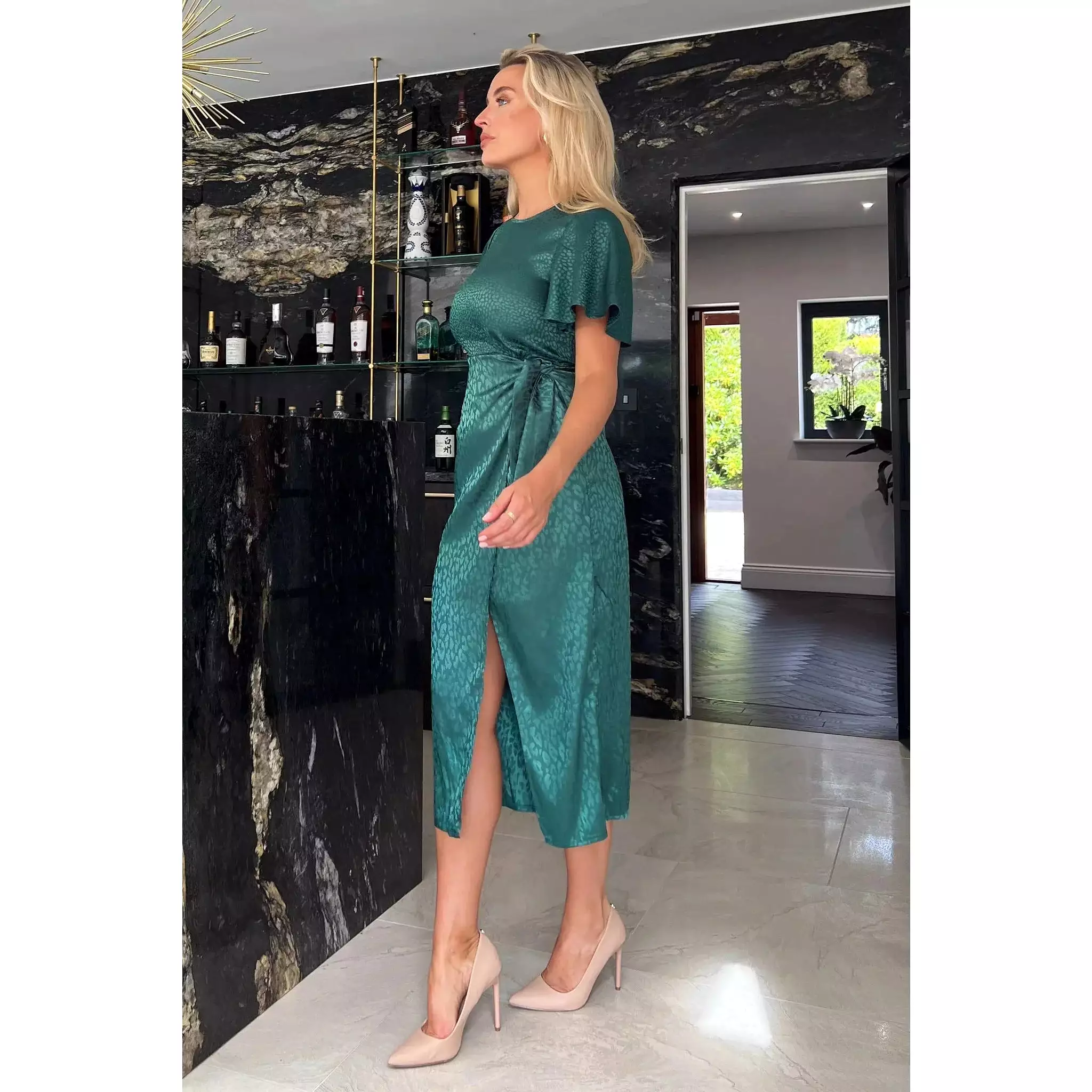 Emerald Green Leopard Print Satin Angel Sleeve Wrap Skirt Midi Dress