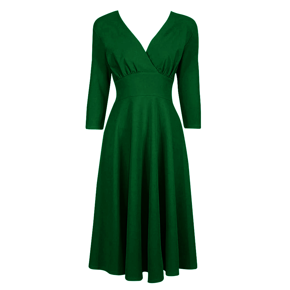 Emerald Green Vintage A Line Crossover 3/4 Sleeve Tea Swing Dress