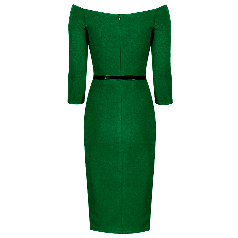 Emerald Green Wide V Neck 3/4 Sleeve Belted Bodycon Pencil Dress