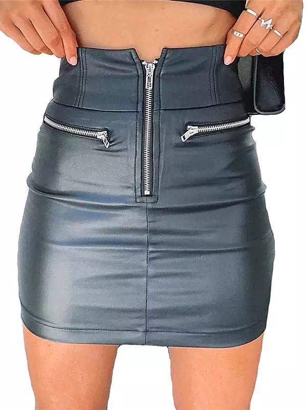 Faux Leather Black and White Women's Skirt with Pockets for Summer Vacation