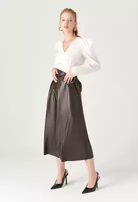 Faux Leather Skirt With Metal Buckle Belt