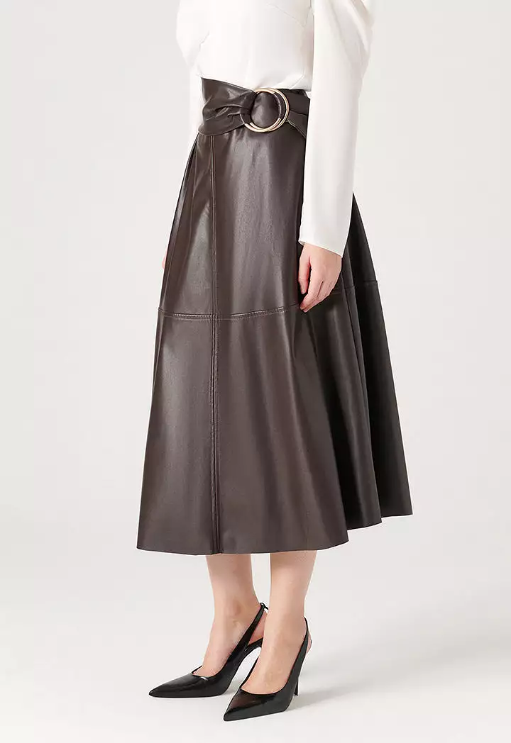 Faux Leather Skirt With Metal Buckle Belt