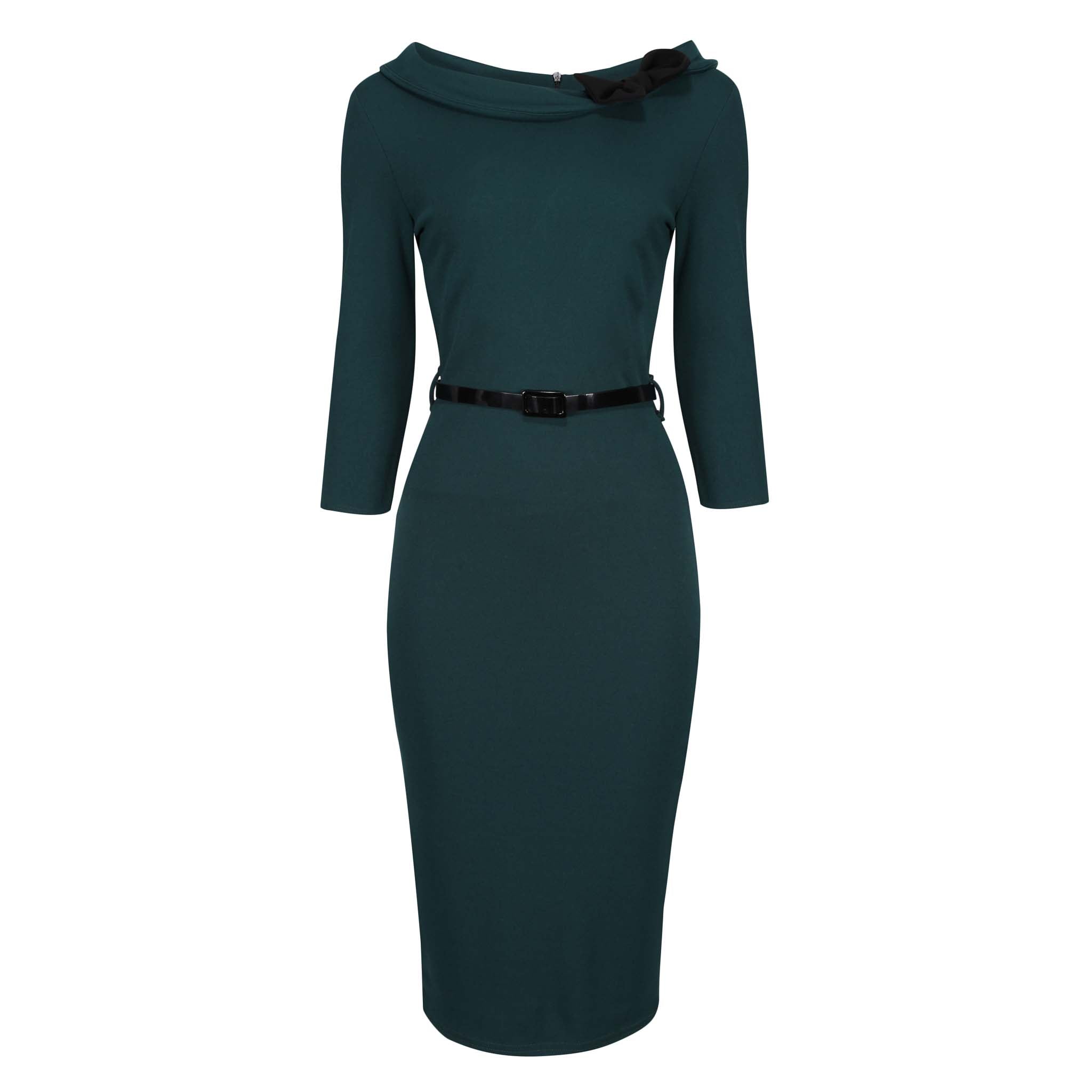 Forest Green Black Belted Bow Pencil Dress