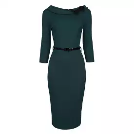 Forest Green Black Belted Bow Pencil Dress