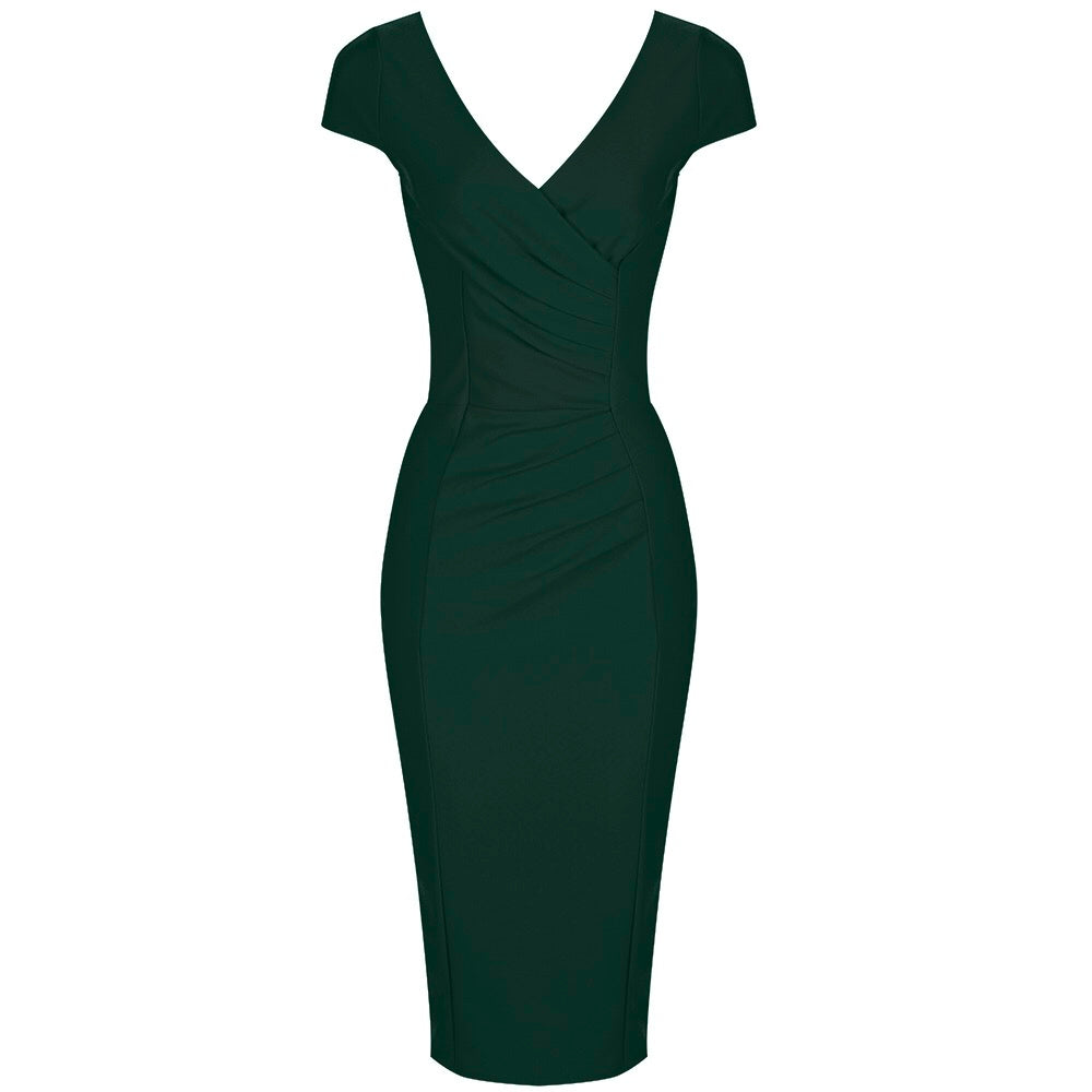 Forest Green Cap Sleeve Crossover Top Bodycon Wiggle Pencil Dress